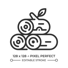 Obraz premium Logging linear icon. Tree cutting. Timber wood. Forest management. Wood harvest, processing and production. Thin line illustration. Contour symbol. Vector outline drawing. Editable stroke