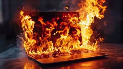 Obraz premium Laptop on fire, symbolizing burning deadlines, work pressure, and burnout. The scene represents the stress and urgency of meeting deadlines in a high-pressure work environment.