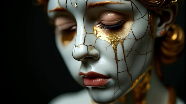 Closeup of a cracked porcelain woman, sad face, kintsugi - Concept for pain and healing process