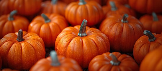 A bunch of orange pumpkins with blurred warm bokeh background. Fall and harvest, Halloween Thanksgiving concept