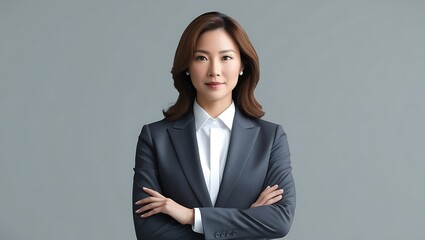A professional headshot of a businesswoman wearing a formal suit, posed against a solid light grey background, with even lighting that accentuates her focused and composed expression