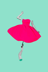Vertical collage image 3d hand body fragment umbrella parasol pink dress outfit headless girl woman...