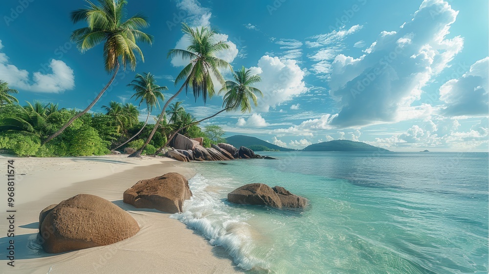 Poster tropical island with white beaches and palm trees. generative ai.