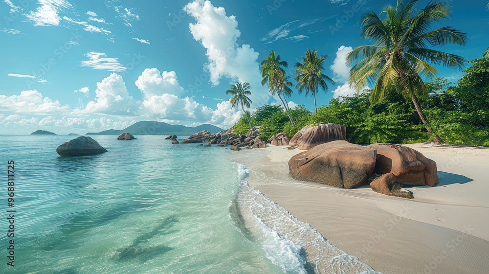 Poster tropical island with white beaches and palm trees. generative ai.