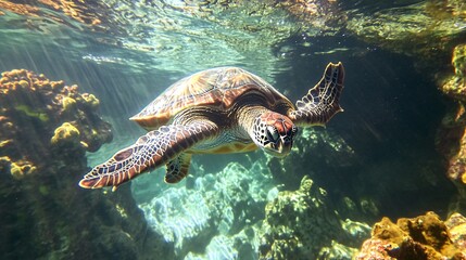 Obraz premium A green sea turtle swims through clear blue water, surrounded by coral reefs and sunbeams.