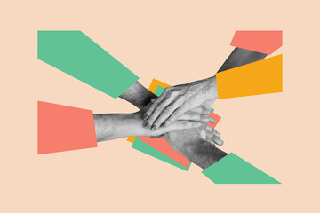 Creative collage picture human hands teamwork cooperation unity support each other friendship put hands body fragment drawing background