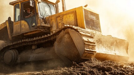 Bulldozer Working On Construction Site With Dust Clouds
