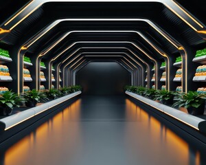 A futuristic supermarket with holographic displays showing bulk buying discounts and eco-friendly options, surrounded by sleek bulk dispensers, Sci-fi, Neon and cool tones