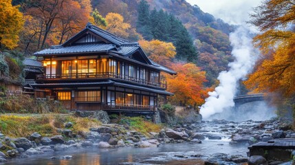 Fototapeta premium Traditional Japanese House with River and Autumn Foliage