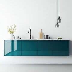 Modern kitchen design featuring teal cabinets and minimalist decor.