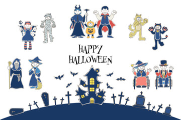 ハロウィンの仮装をした多世代の人々とハロウィン背景のゆるいイラスト（セット）
