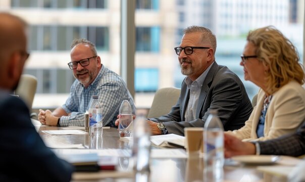 Team Leader Discussing Risk Transfer Strategies with Executives in a Strategic Meeting