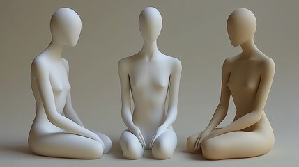 Obraz premium Three minimalist mannequins in various skin tones, posed in a serene arrangement on a soft background.