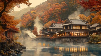 Traditional Japanese Inn with Autumn Foliage and Steam Rising from River