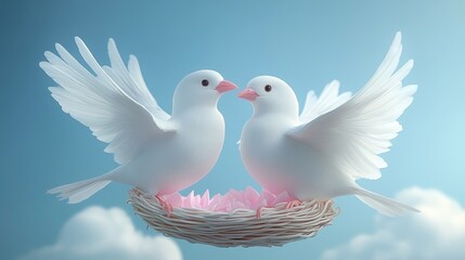 Obraz premium Two elegant white doves in a nest, symbolizing love, peace, and harmony against a serene blue sky background.