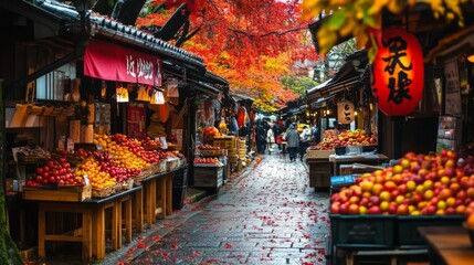 Obraz premium Fruit Stand in a Japanese Alleyway with Autumn Leaves