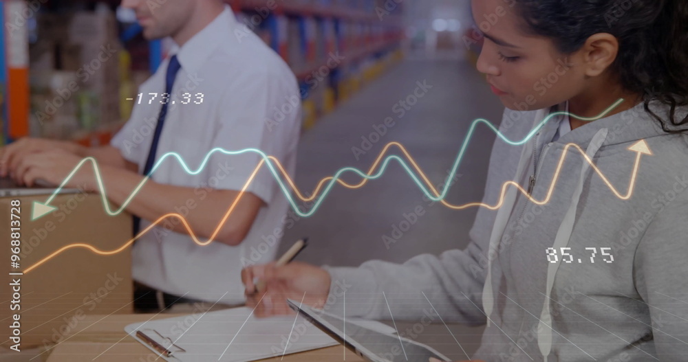 Poster Image of financial data processing and diverse workers in warehouse