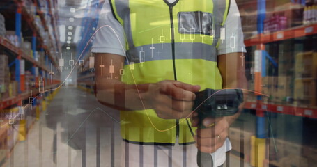 Image of financial data processing and worker in warehouse