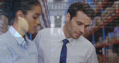 Image of financial data processing and diverse workers in warehouse