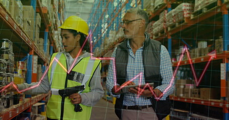 Image of financial data processing and diverse workers in warehouse