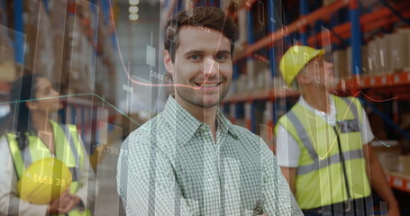 Image of financial data processing and diverse workers in warehouse