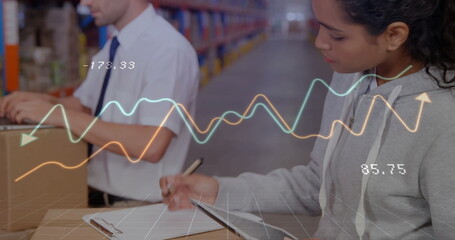 Image of financial data processing and diverse workers in warehouse