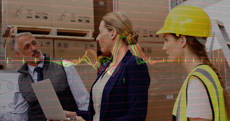 Image of financial data processing and diverse workers in warehouse