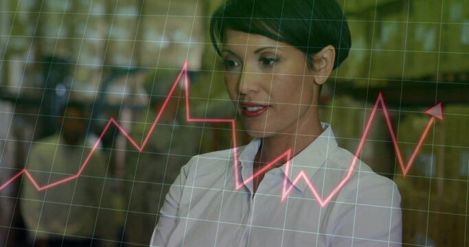 Image of financial data processing and biracial female worker in warehouse - Powered by Adobe
