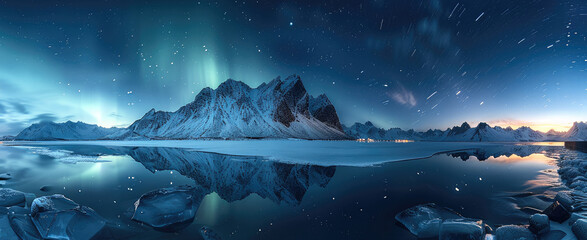 Northern lights, aurora borealis, mountains in the background, water reflection, night sky. Generative AI.