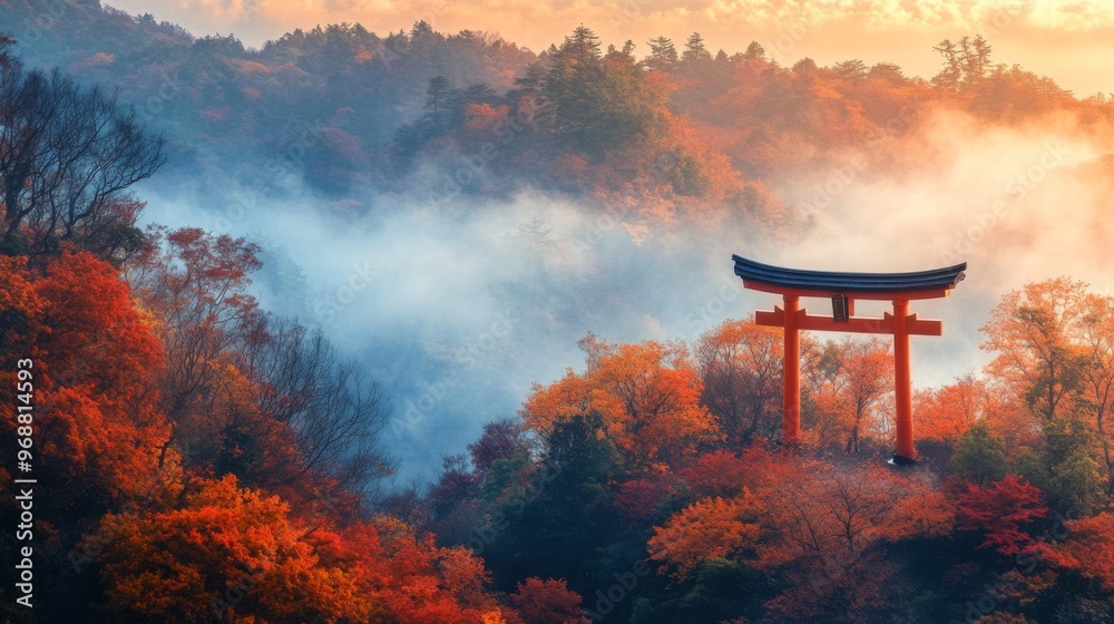 Sticker Red Torii Gate Amidst Foggy Autumn Forest