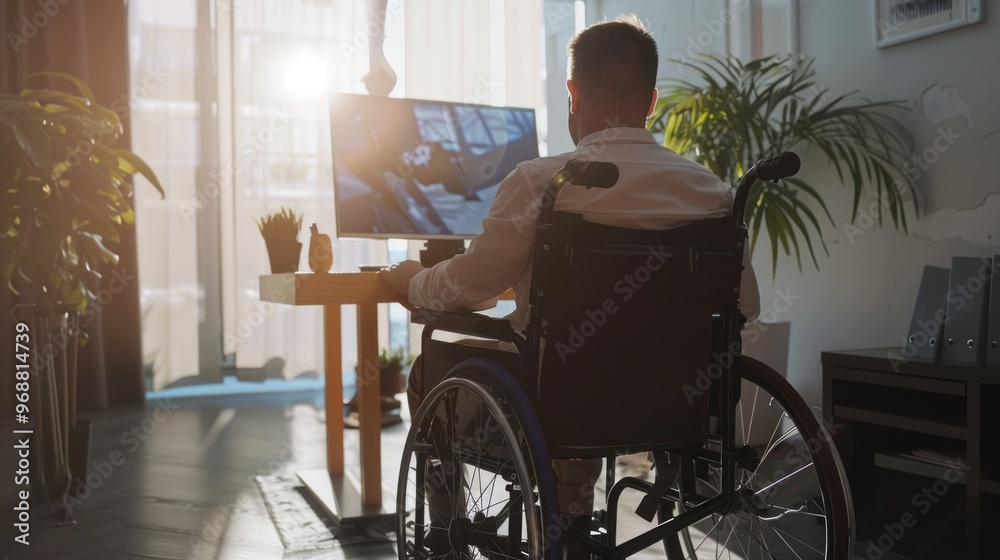 Poster A man in a wheelchair is sitting at a desk with a computer monitor