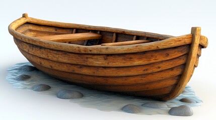 A rustic wooden boat rests gently on a bed of stones, showcasing its craftsmanship and natural beauty in a serene environment.