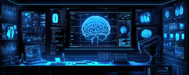 Fototapeta premium A computer monitor displays a brain with a blue background. The computer monitor is surrounded by other monitors, and there are several keyboards and mice on the desk. Scene is focused and serious