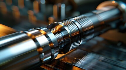 Close-up of a metallic object, possibly a component of machinery, with a focus on its reflective surface and the precision of its manufacturing