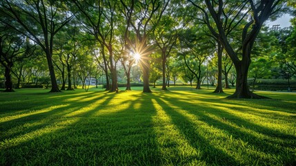 Fototapeta premium A serene park scene with sunlight filtering through trees, casting shadows on lush green grass.