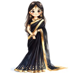 Naklejka premium Watercolor Illustration of a Young Woman in a Black Saree with Gold Embellishments.