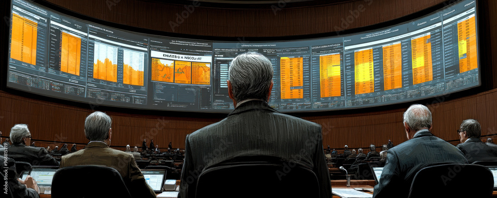 Poster A group of men are sitting in a room with a large screen in front of them. The screen is displaying a lot of numbers and graphs. The men are looking at the screen intently