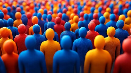Obraz premium Colorful crowd of miniature figures in blue, orange, and red, representing diversity and community in a vibrant setting.