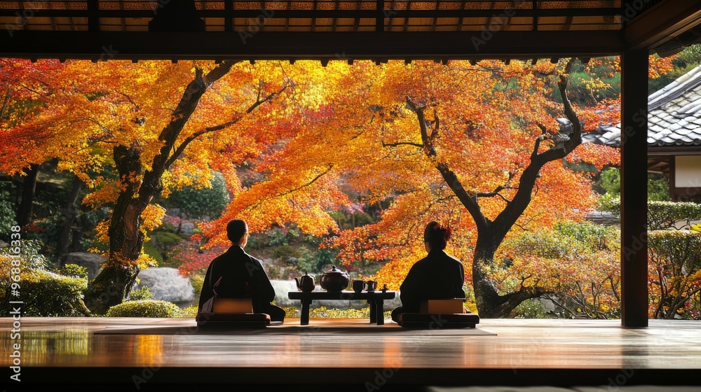 Poster Two People Silhouetted Against an Autumnal Maple Tree Landscape