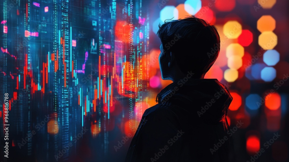 Poster A Silhouette of a Person Observing Data on a Screen with a Bokeh Background