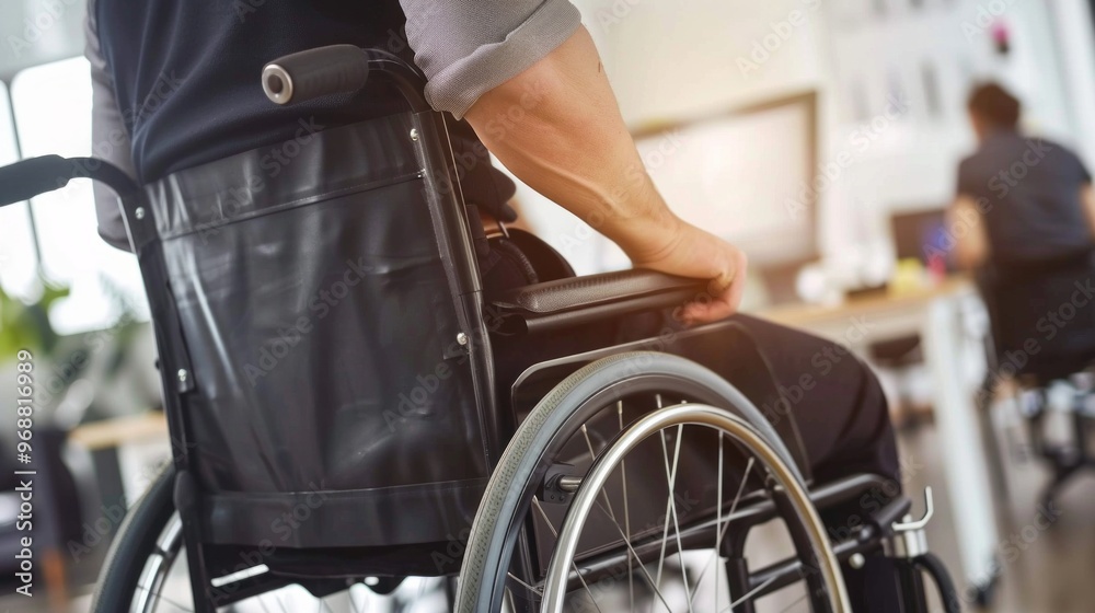 Poster A man in a wheelchair is sitting in a room with a desk and a computer