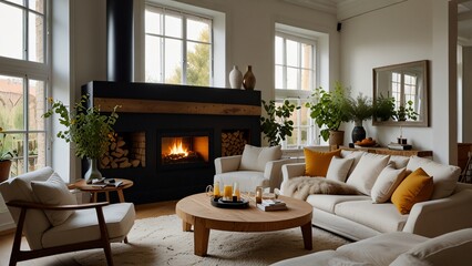Fototapeta premium Cozy Living Room With Fireplace Sofa And Coffee Table
