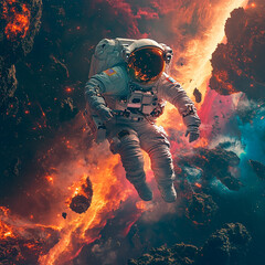 Astronaut Floating Amidst Fiery Cosmic Debris and Explosive Nebula