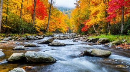 A river flowing through a forest with rocks and trees, AI