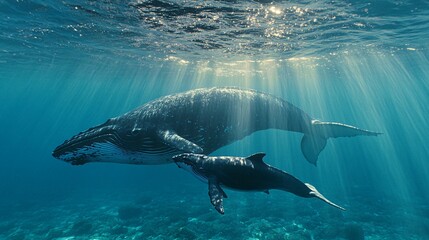A humpback whale and her calf swim together in the clear blue water, sunlight streaming down from above.