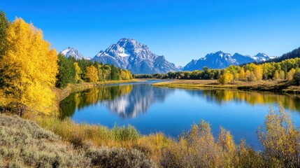 Naklejka premium A lake surrounded by mountains and trees with a river running through it, AI