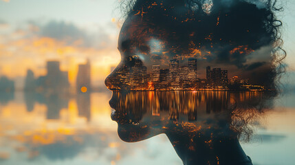 A double exposure of a human face combined with a city skyline at night, symbolizing urban isolation