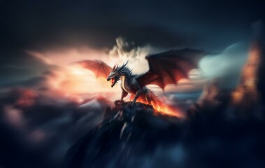 A fierce dragon stands on a rocky cliff, its wings spread wide against a dramatic sky with swirling clouds and glowing light.