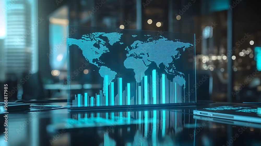 Aufkleber a digital world map with blue bars representing global data