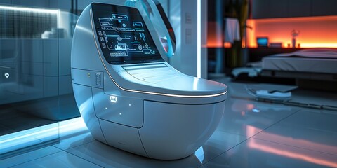 An ultra modern toilet from the future, the bathroom is a wonderful thing with many functions, it has switches, buttons and screens everywhere and is a high tech device. Generative AI.